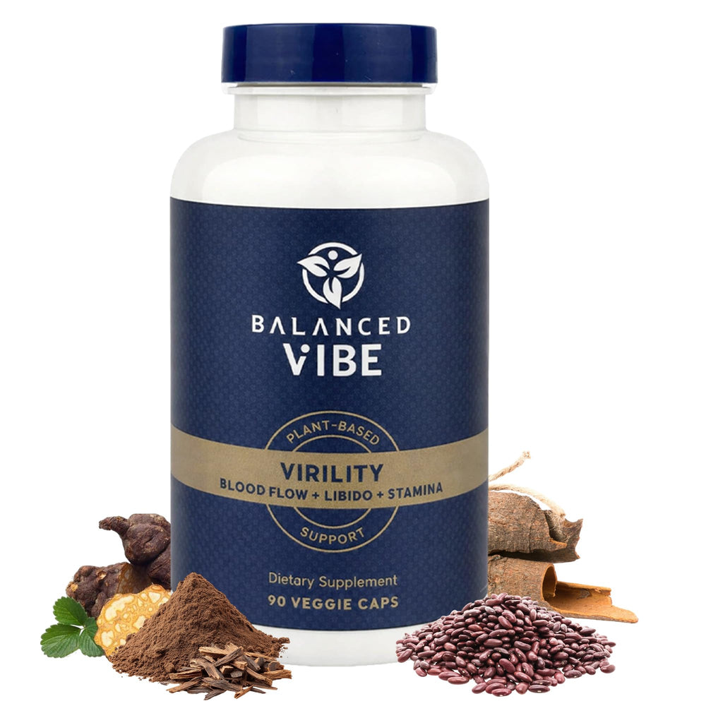 Balanced Vibe Men's Vitality Bottle highlights daily use for vitality.