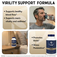 Balanced Vibe Men's Vitality capsules close-up showing smooth surface for daily support.