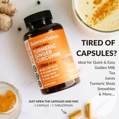 BalanceGenics capsules next to Golden Milk suggestion for daily warmth.