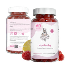 Balancing Act Slay The Day energy gummies bottle closeup for caffeine-free focus support