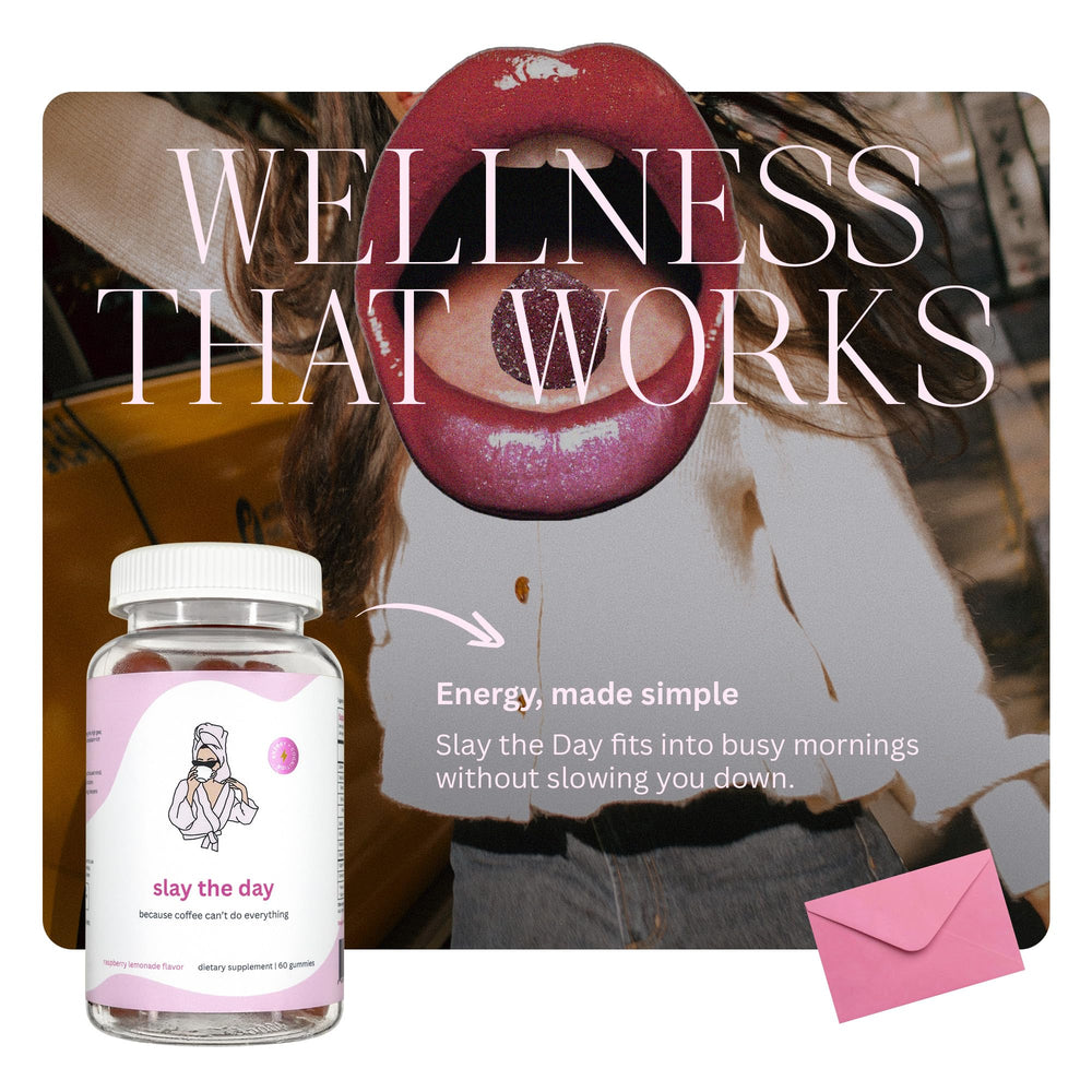 Balancing Act Slay The Day Raspberry Lemonade label highlighting Cognizin and CoQ10 benefits