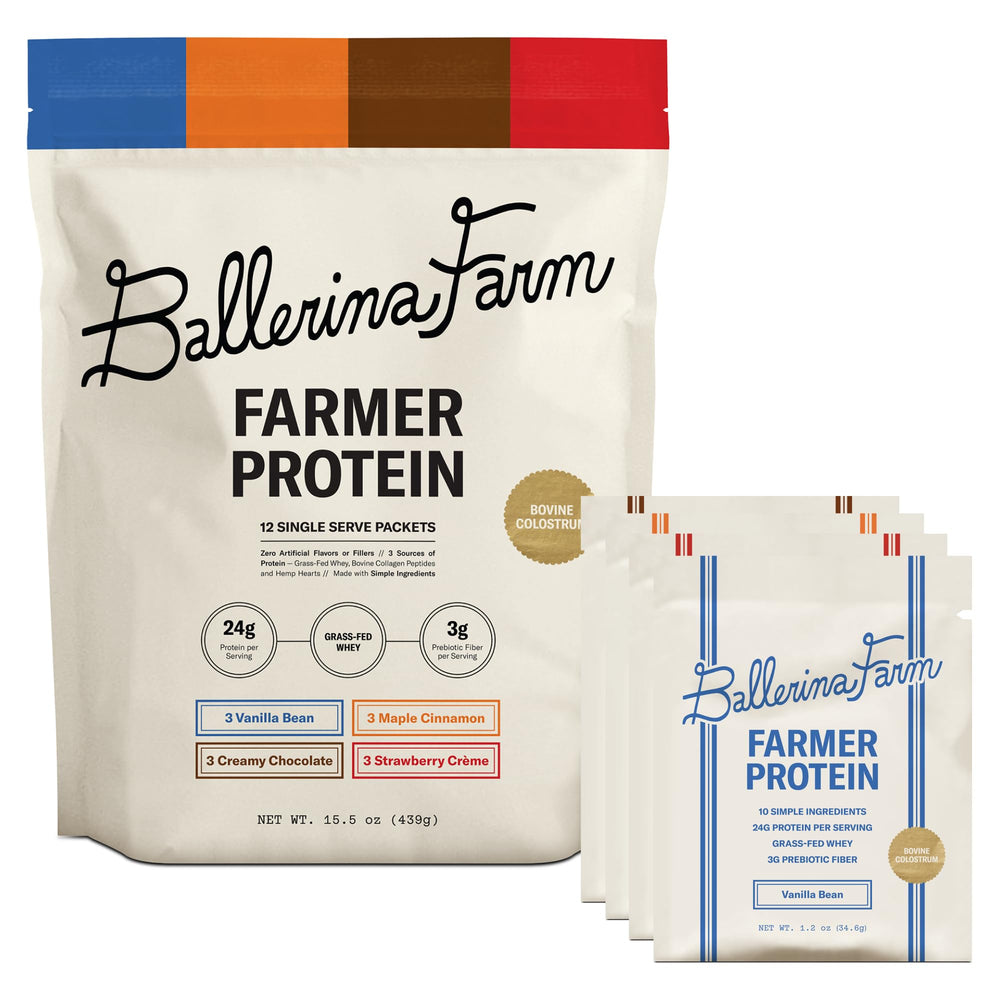 Ballerina Farm grass-fed whey protein powder bag for post-workout fueling.
