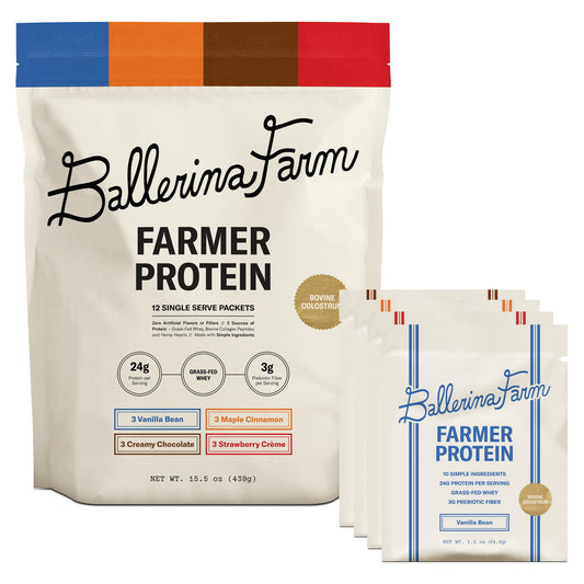 Ballerina Farm grass-fed whey protein powder bag for post-workout fueling.