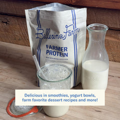 Close-up of Ballerina Farm protein scoop highlighting a 24g serving