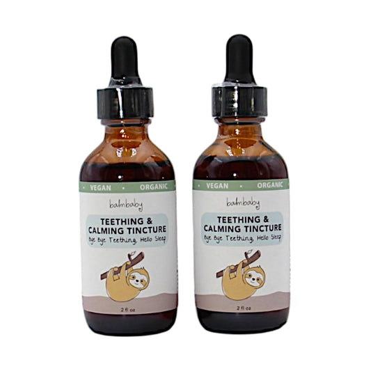 BALM! Baby teething tincture bottle front shows natural calming support for gums.