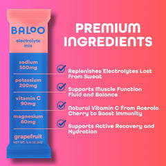 Baloo electrolyte packet dissolving in water revealing crisp grapefruit flavor