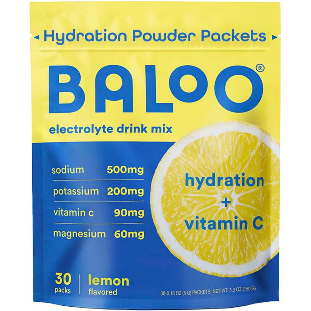 Baloo lemon electrolyte packets dissolve in water for crisp refreshment