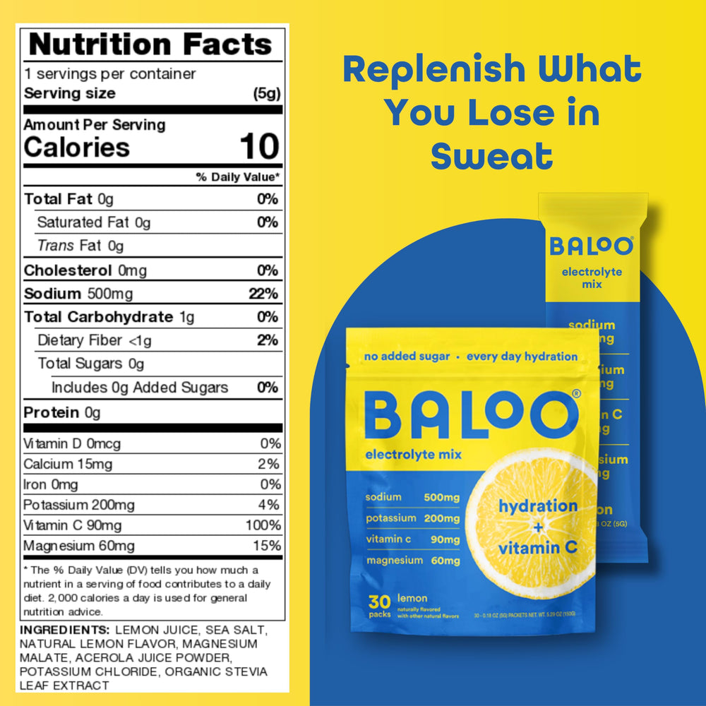 Baloo no-added-sugar electrolyte packets mix easily for clean hydration on the go