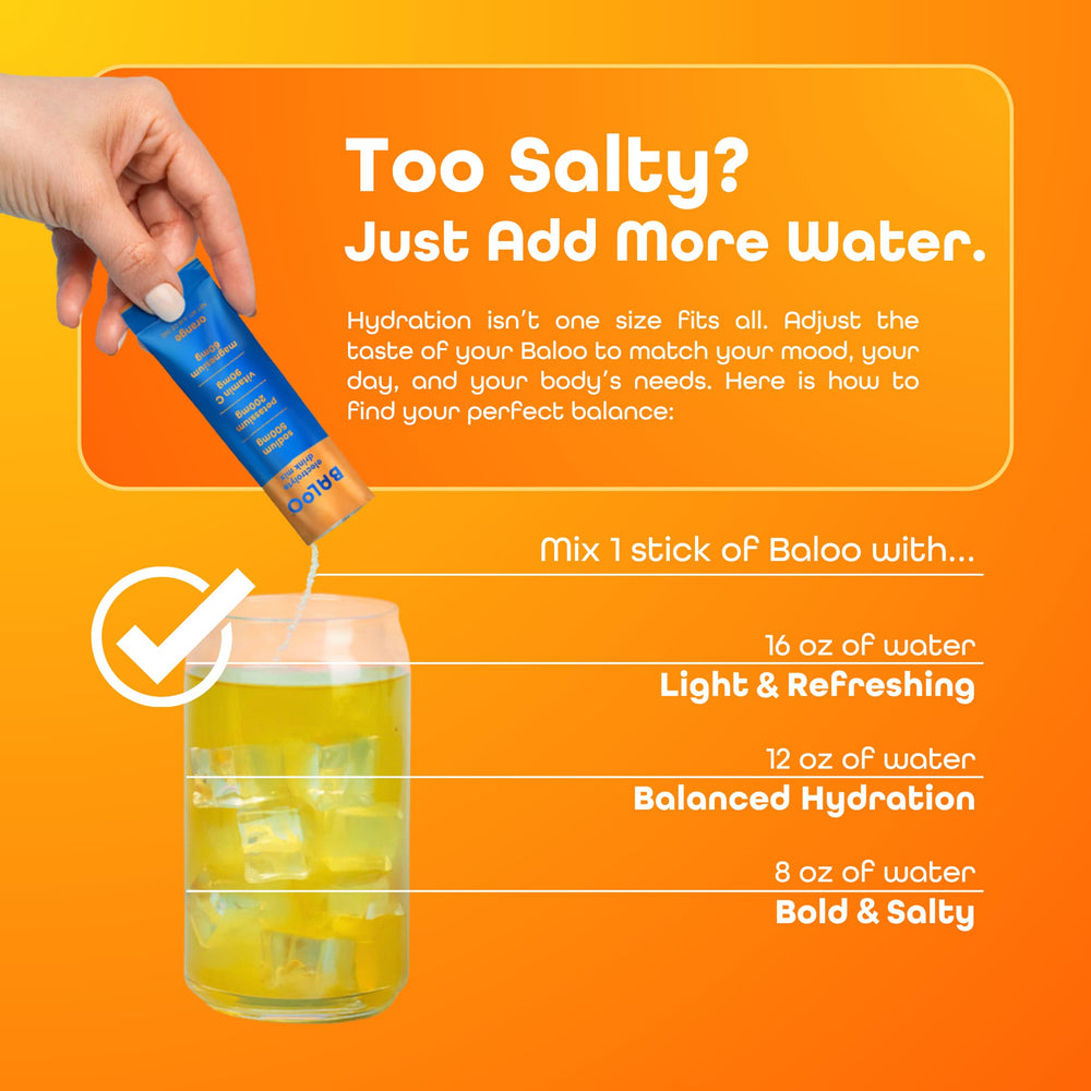 Baloo Electrolytes drink poured into glass highlighting fruit-forward hydration.