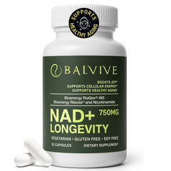 BALVIVE NAD+ Longevity bottle front showing branding for daily energy support.
