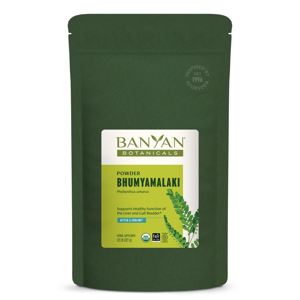 Banyan Bhumyamalaki powder jar closeup for daily liver support