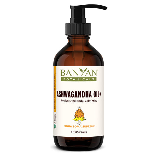 Banyan Botanicals Ashwagandha Oil+ bottle for a relaxing massage