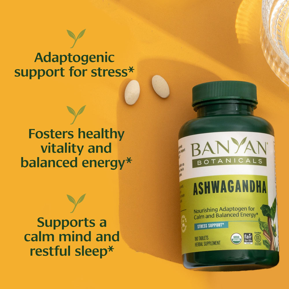 Banyan Botanicals Ashwagandha label close-up showing organic, non-GMO quality.