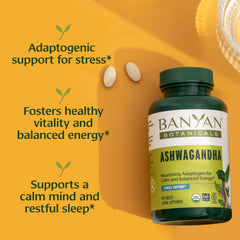 Banyan Botanicals Ashwagandha label close-up showing organic, non-GMO quality.