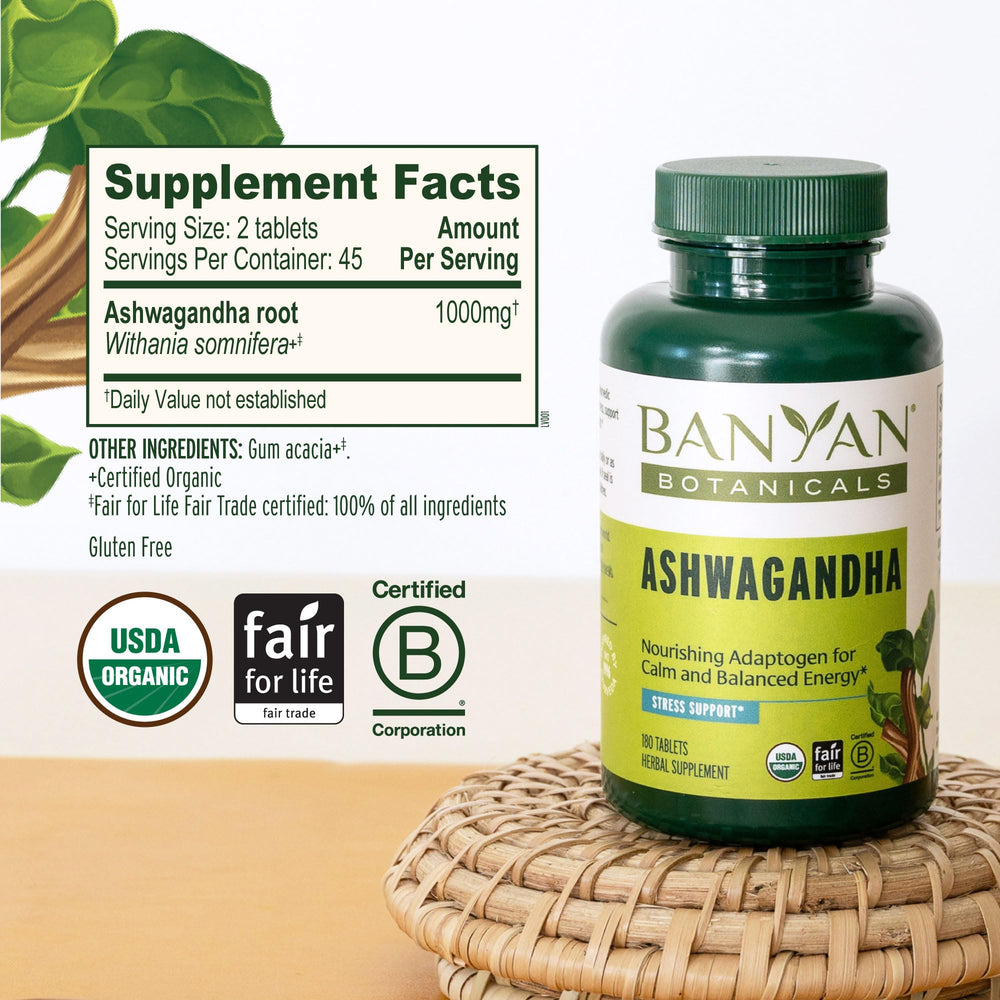 Banyan Botanicals Ashwagandha serving with water for daily energy support.