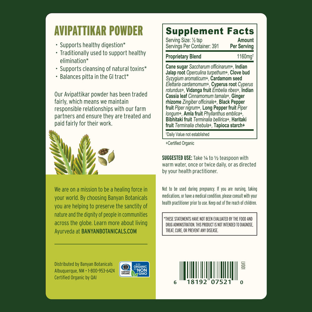 Banyan Botanicals Avipattikar packaging showcases organic, sustainably sourced herbs.