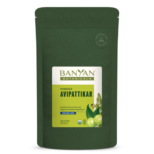 Banyan Botanicals Avipattikar bottle showcases soothing digestion.