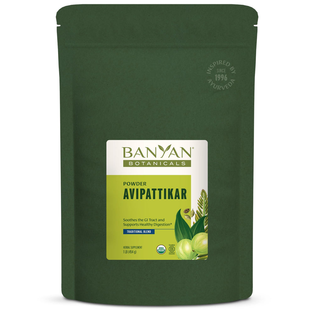 Banyan Botanicals Avipattikar powder in a jar supporting balanced digestion after meals.