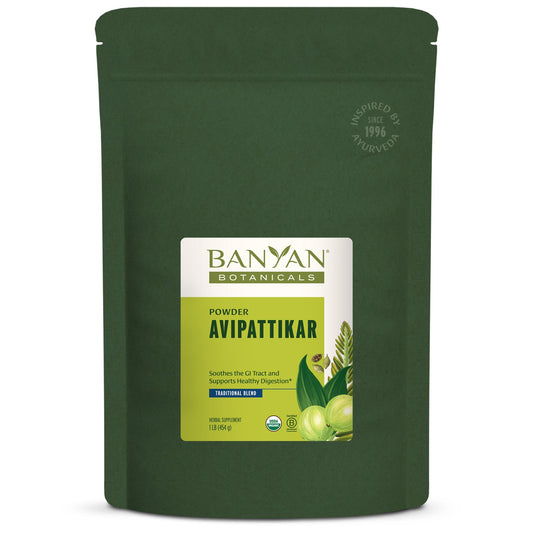Banyan Botanicals Avipattikar powder in a jar supporting balanced digestion after meals.