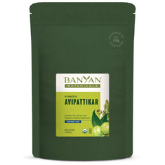 Banyan Botanicals Avipattikar powder in a jar supporting balanced digestion after meals.