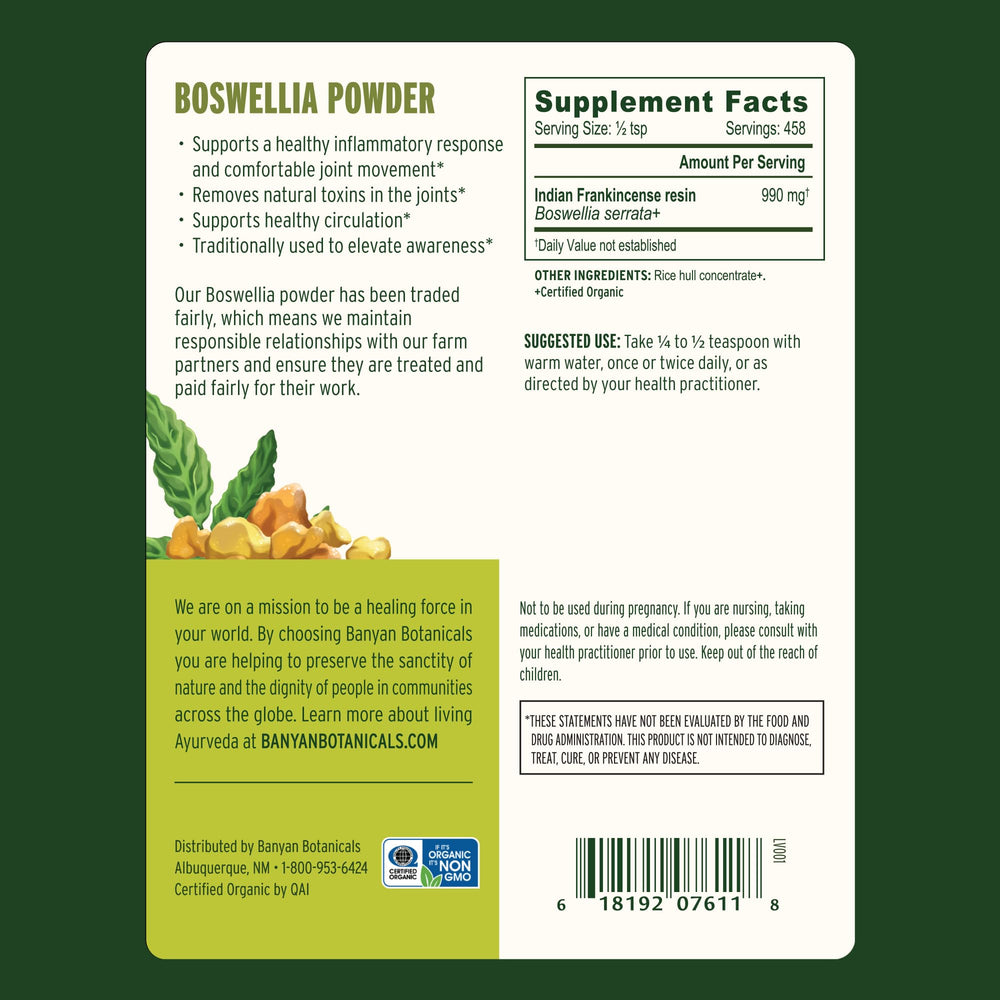 Boswellia powder with scoop ready to mix into tea or smoothies by Banyan Botanicals.
