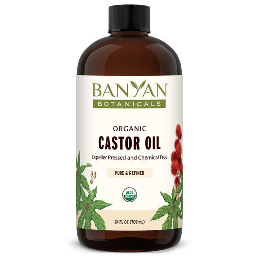 Banyan Botanicals castor oil bottle pour for deep skin hydration