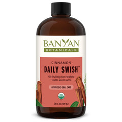 Banyan Botanicals Cinnamon Daily Swish bottle for refreshing breath and clean mouth.
