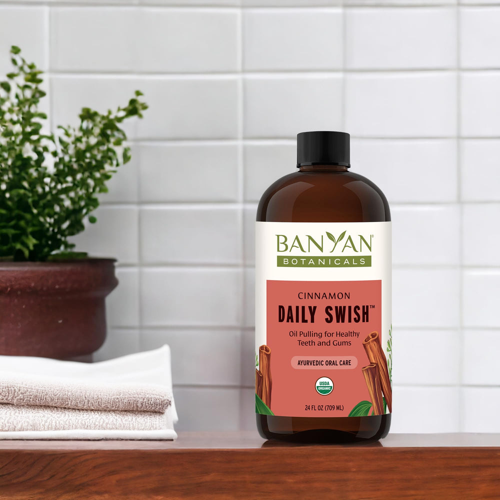 Mouthcare setup with Banyan Daily Swish ready for brushing routine.