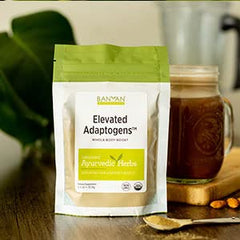 Banyan Botanicals Elevated Adaptogens front-facing jar, sustainably sourced ingredients for daily wellbeing.