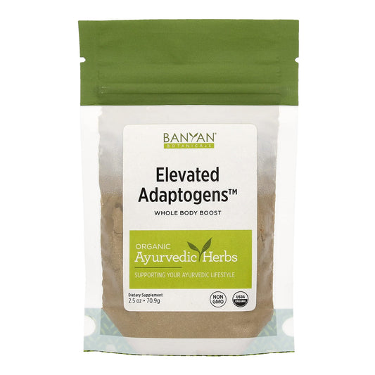 Banyan Botanicals Elevated Adaptogens powder bottle, organic mix for balanced energy without caffeine.