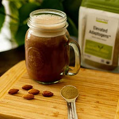 Banyan Botanicals Elevated Adaptogens organic herbs label on jar, signaling third-party tested quality.
