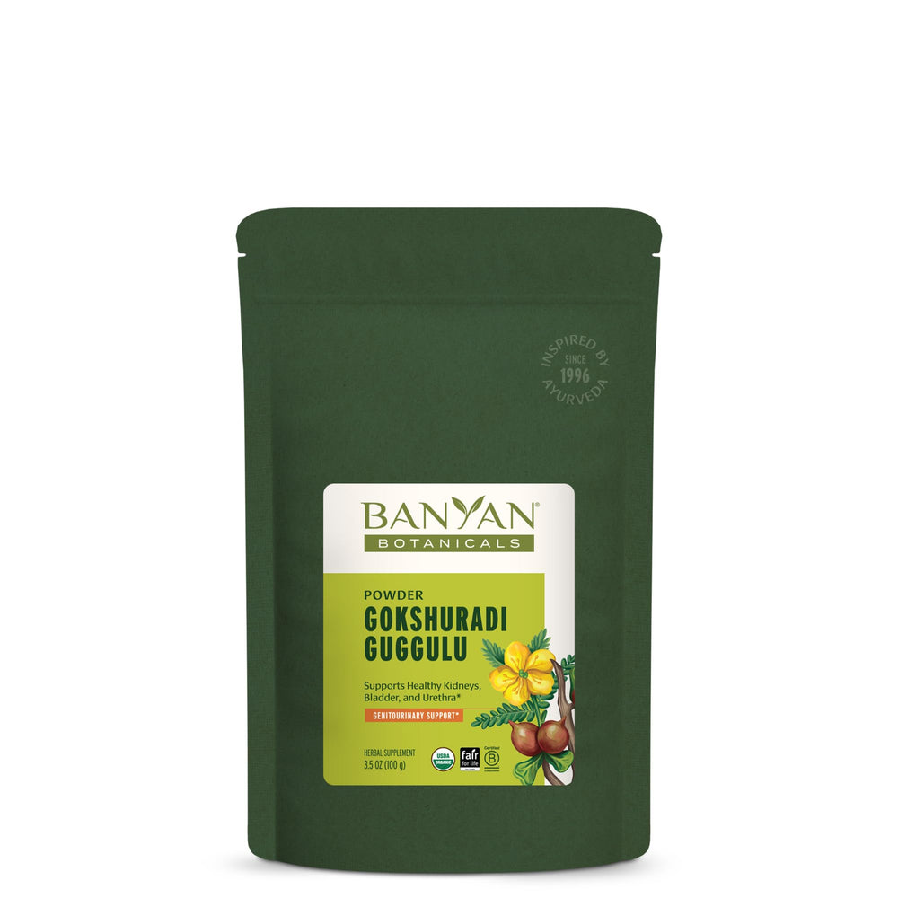 Banyan Botanicals Gokshuradi Guggulu powder bottle close-up for urinary tract support