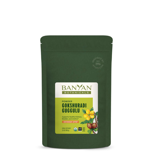 Banyan Botanicals Gokshuradi Guggulu powder bottle close-up for urinary tract support