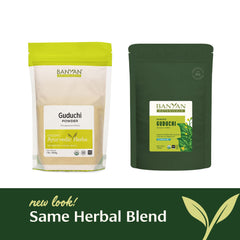 Guduchi powder dissolving in warm water for digestion balance.