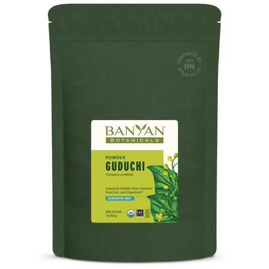 Banyan Botanicals Guduchi powder tub ready for immune-support tea.
