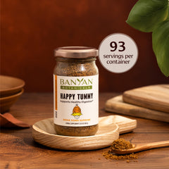 Happy Tummy organic herbs pack highlights sustainable sourcing.