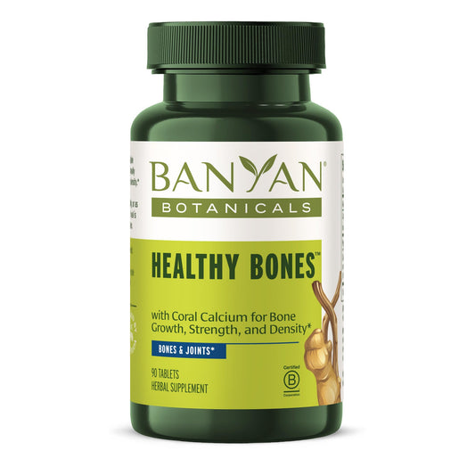 Banyan Botanicals Healthy Bones tablets bottle supports skeletal strength for an active lifestyle.