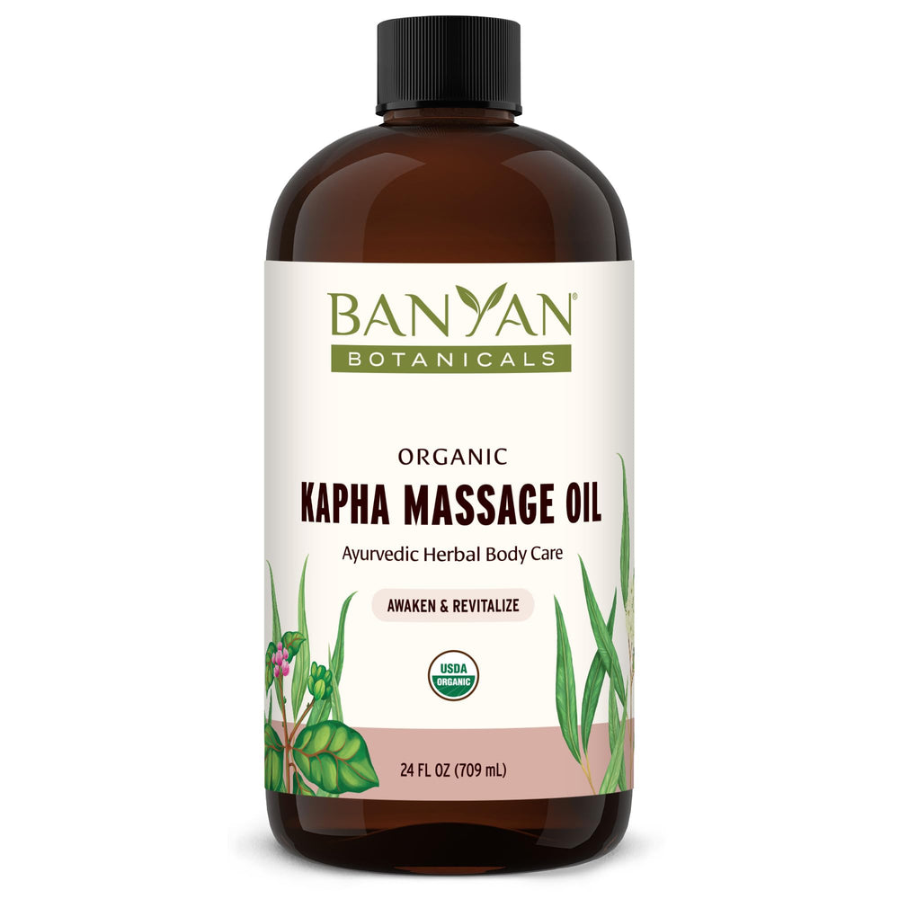 Banyan Botanicals Kapha massage oil bottle ready for daily self-massage