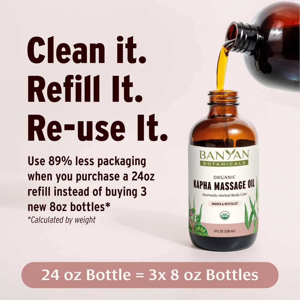 Banyan Botanicals Kapha Massage Oil with organic herbs for a soothing self-care experience.