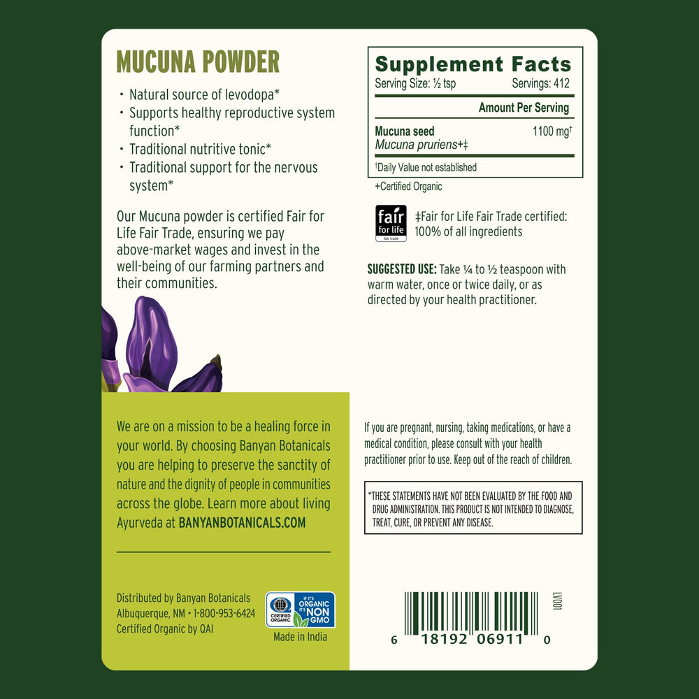 Kapikacchu powder scoop with Banyan Botanicals highlighting natural L-dopa source