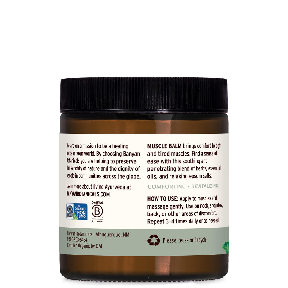 Banyan Botanicals Muscle Balm with ashwagandha root detail highlighting herbal infusion for calming relief