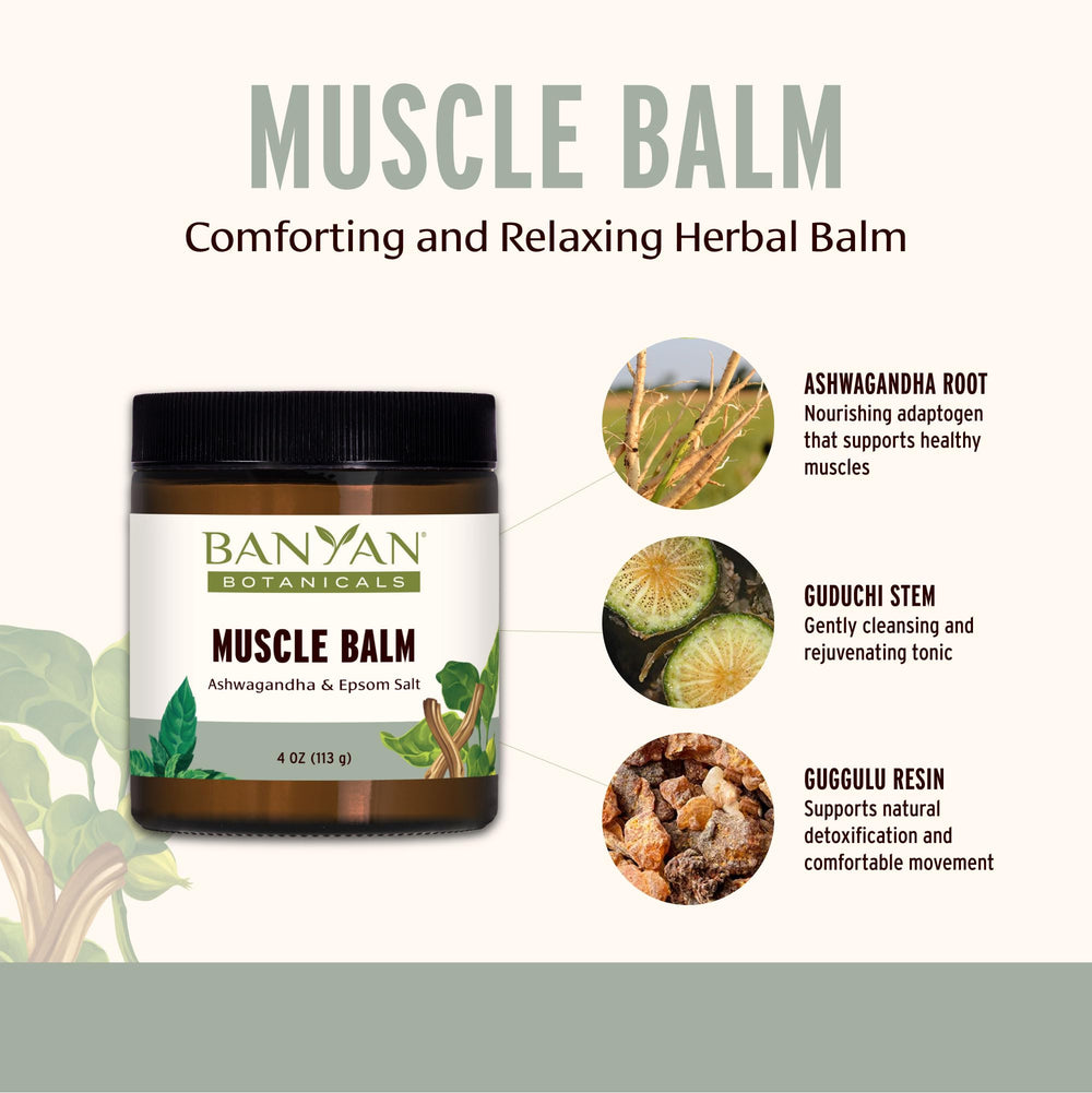 Banyan Botanicals Muscle Balm eucalyptus camphor mint aroma suggesting refreshing relief after activity