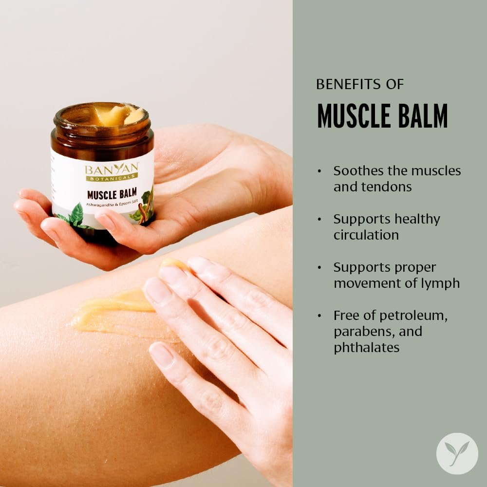 Banyan Botanicals Muscle Balm organic oils portrait emphasizing natural, nourishing ingredients for skin