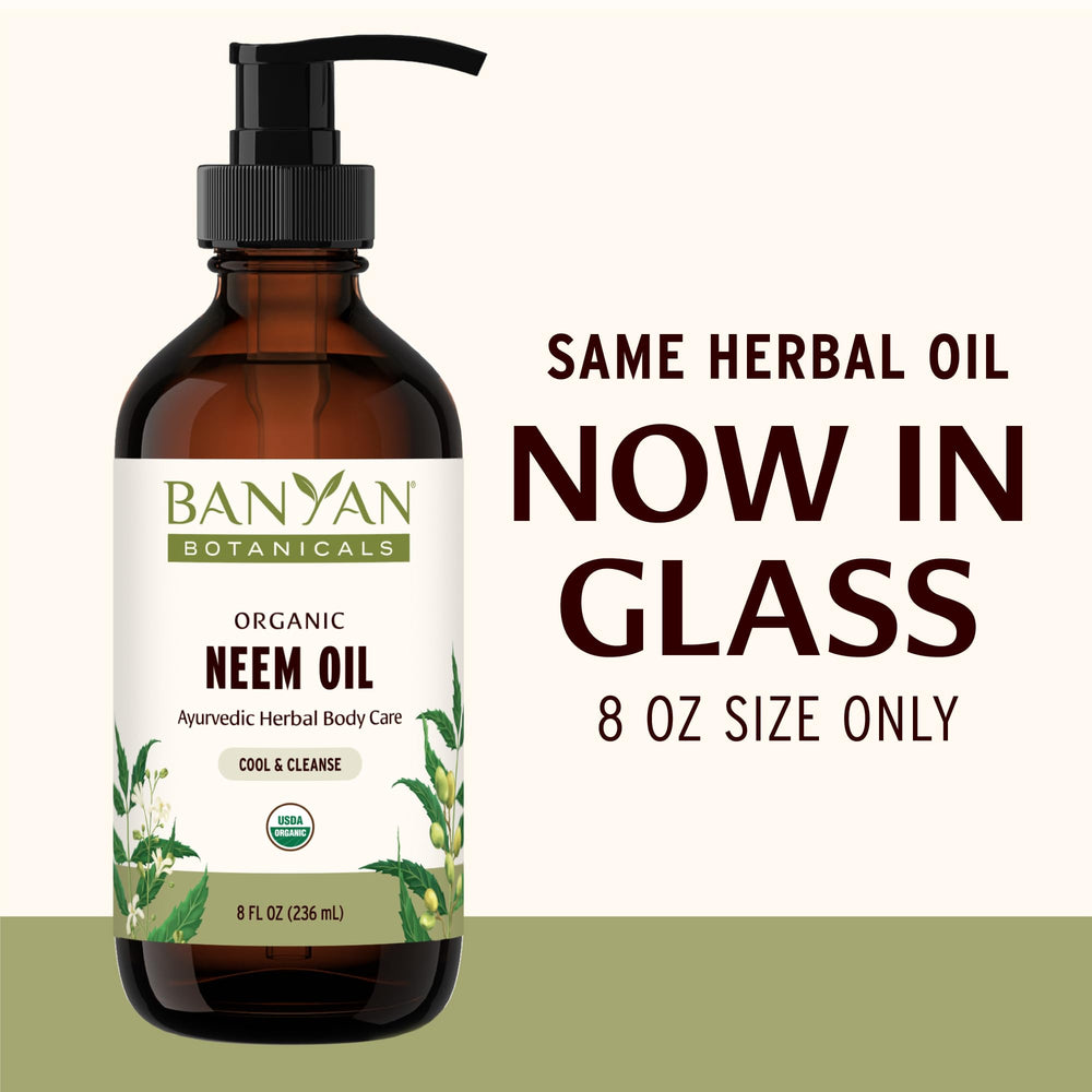 Banyan Botanicals Neem Oil label highlights organic, non-GMO ingredients.