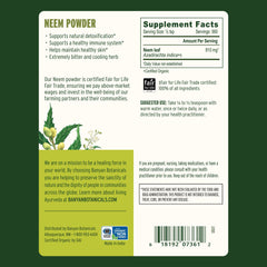 Neem Powder packaging label highlights organic, Fair Trade sourcing for immune-friendly routine.