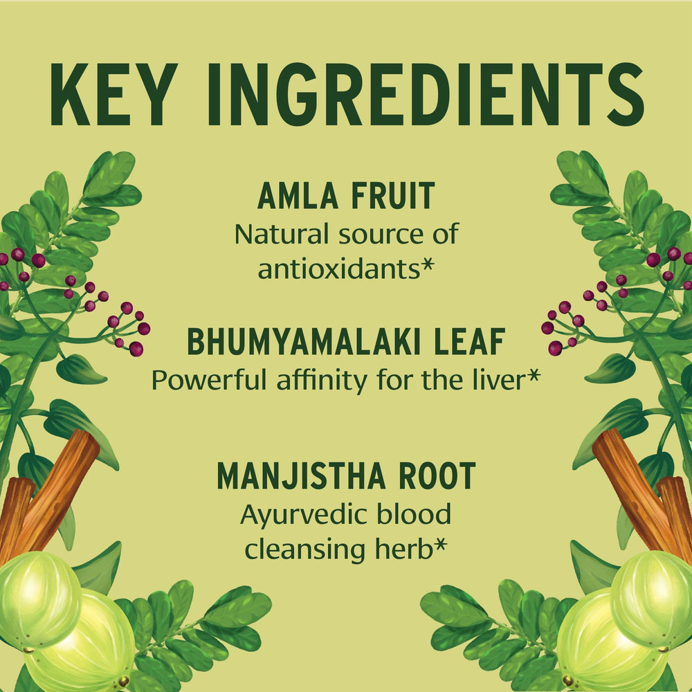 Banyan Botanicals Total Body Cleanse close view of amla and kalmegh herbs.