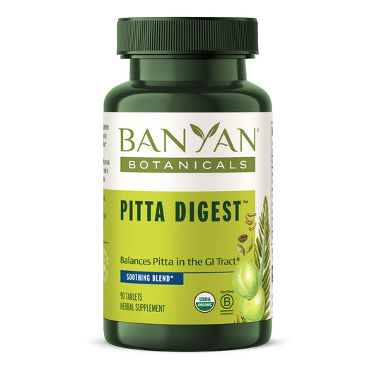 Banyan Botanicals Pitta Digest bottle label shown for cooling post-meal comfort.