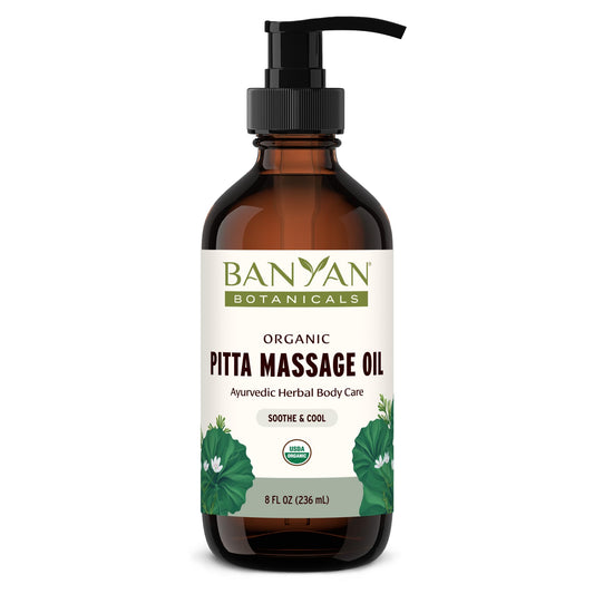 Banyan Botanicals Pitta Massage Oil bottle highlights cooling relief for tense muscles.