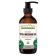 Banyan Botanicals Pitta Massage Oil bottle highlights cooling relief for tense muscles.