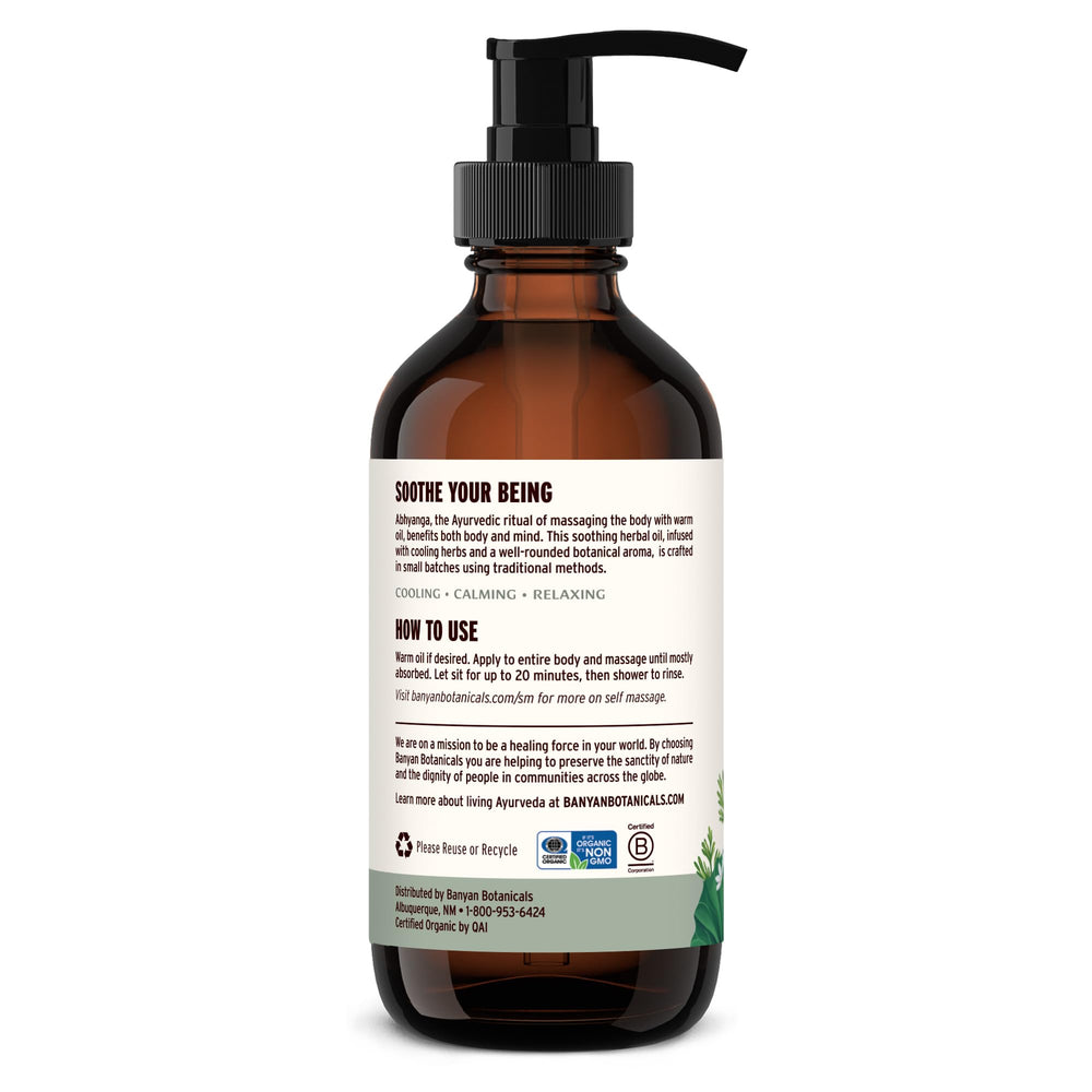 Banyan Botanicals Pitta Massage Oil lavender scent for calm ambiance.